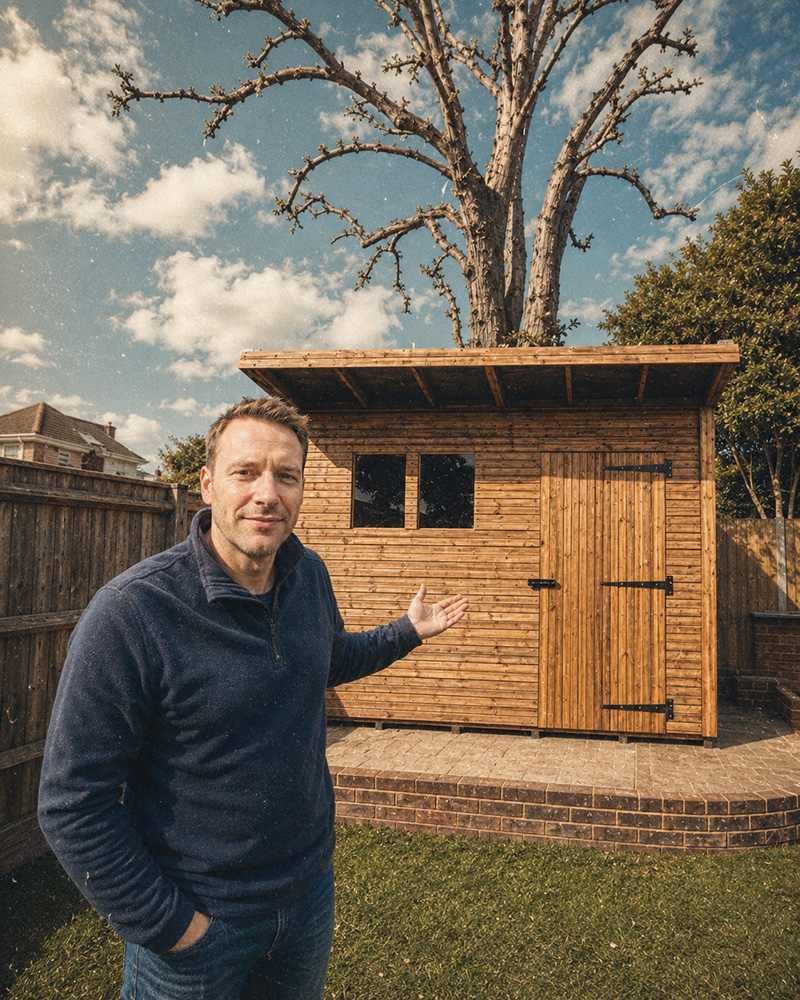Beast Sheds customer standing proudly in front of his 10x6 Pent B Beast shed