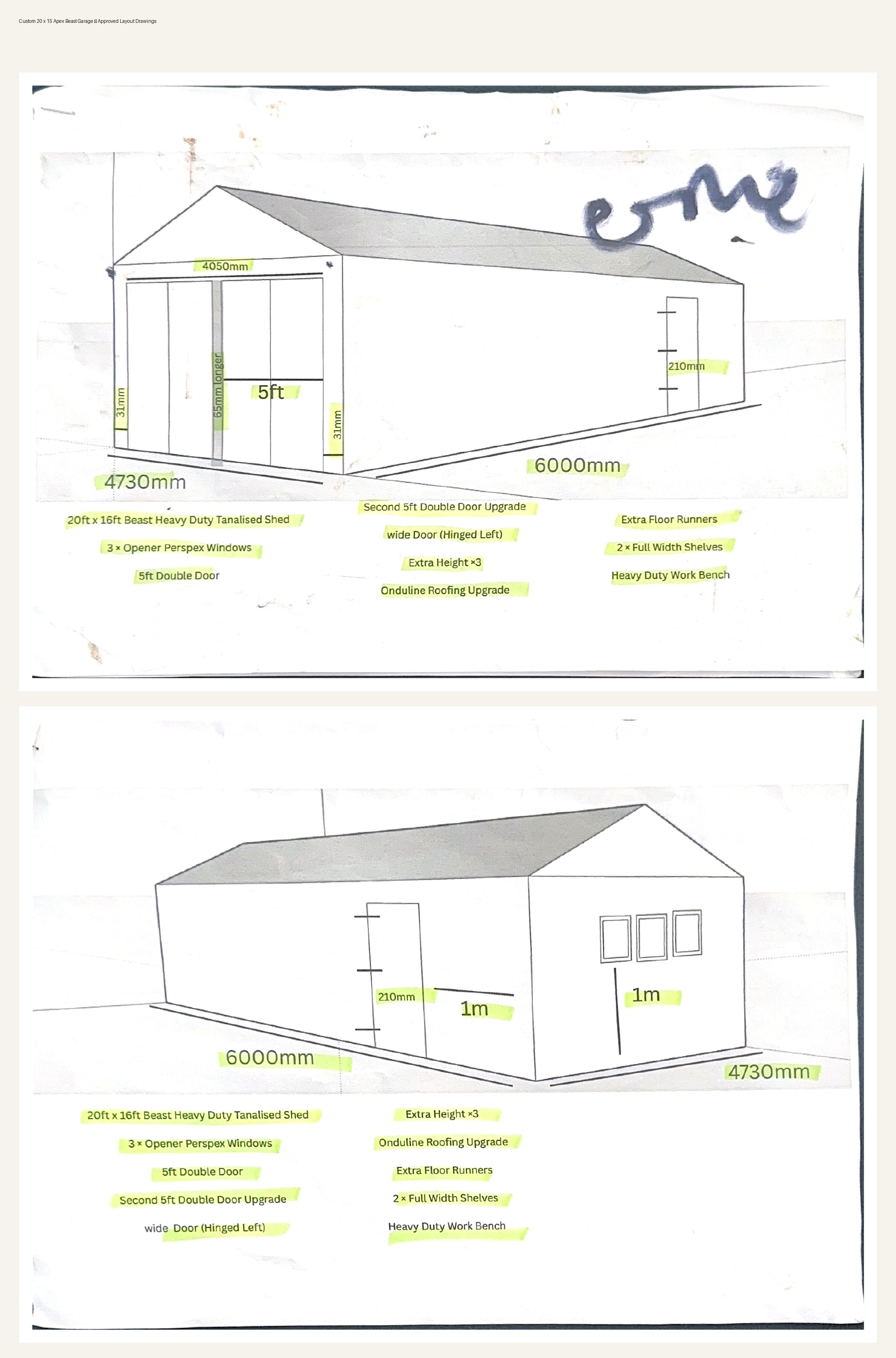 Cleaned presentation of the approved bespoke garage layout drawings