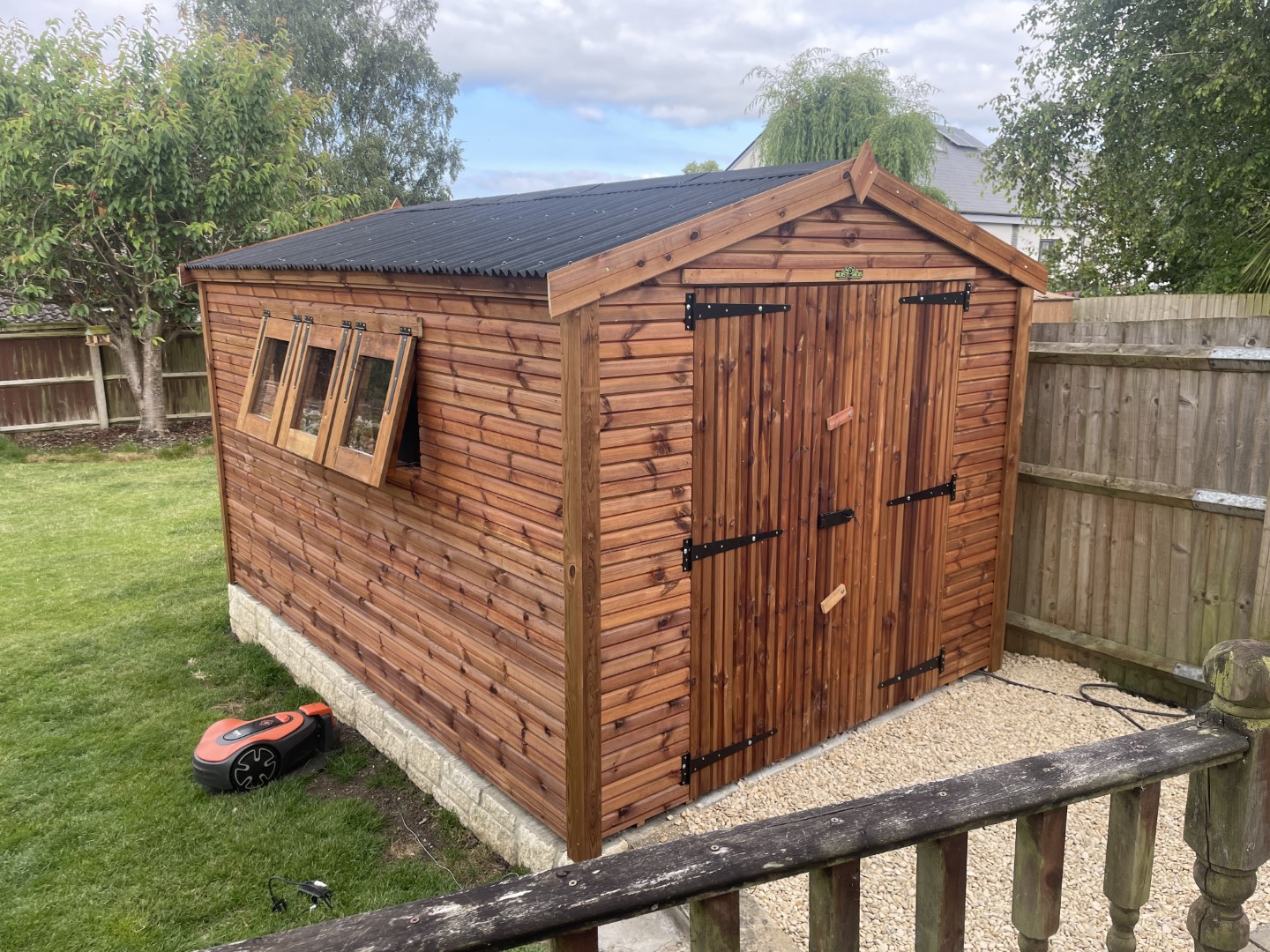 Finished 12 by 8 Beast shed on the customer's brick base in Birmingham