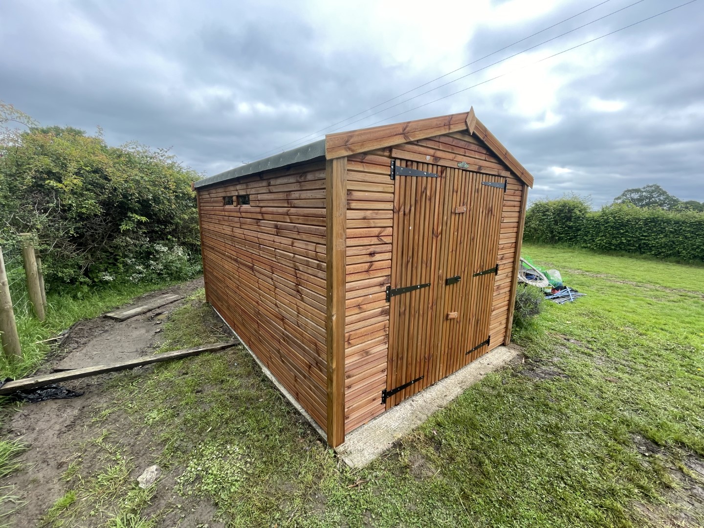 Front angled view of the 12 by 8 Apex Beast shed in Sheffield