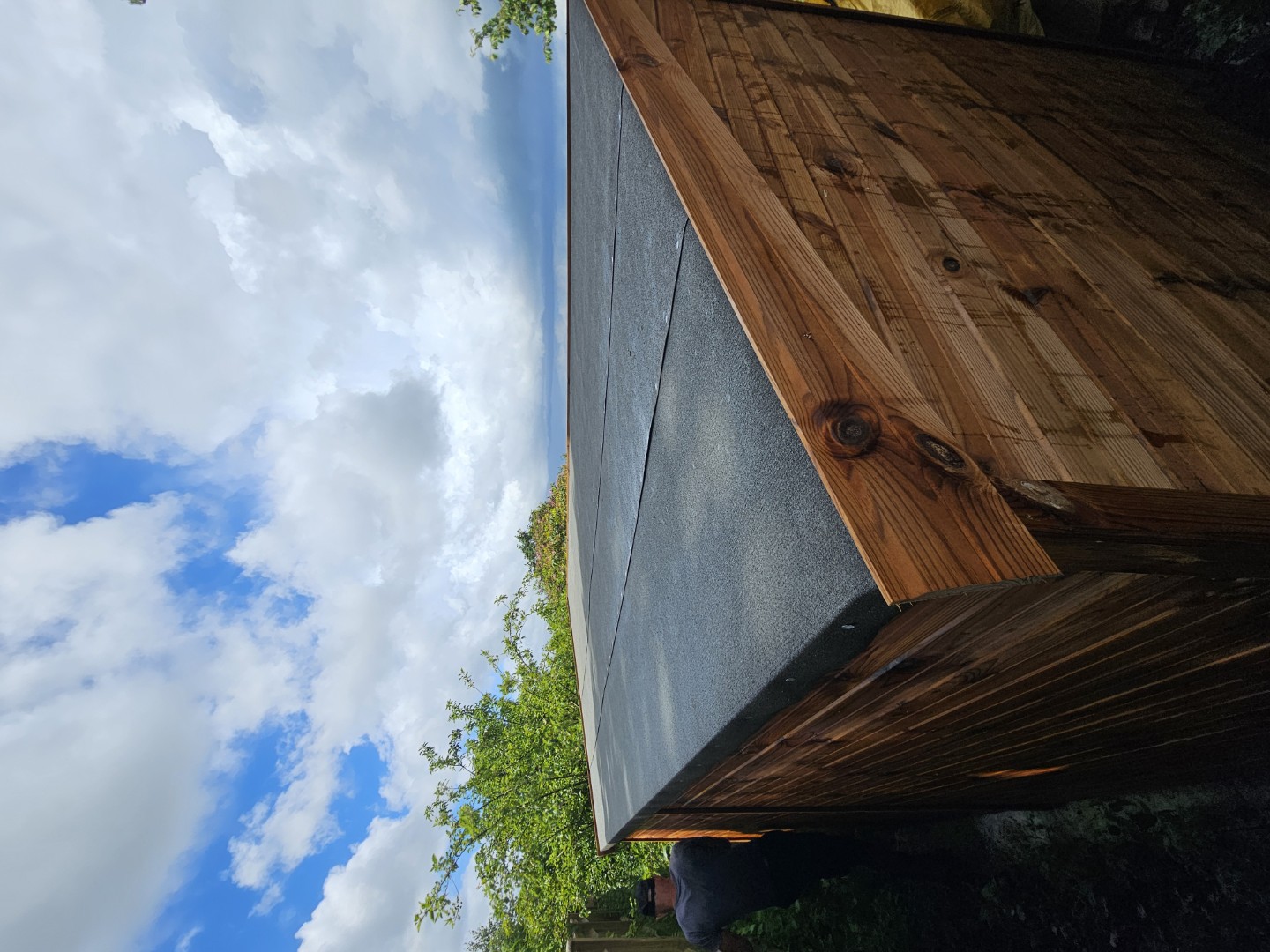 Pent roof detail on the completed Tanalised shed in Solihull