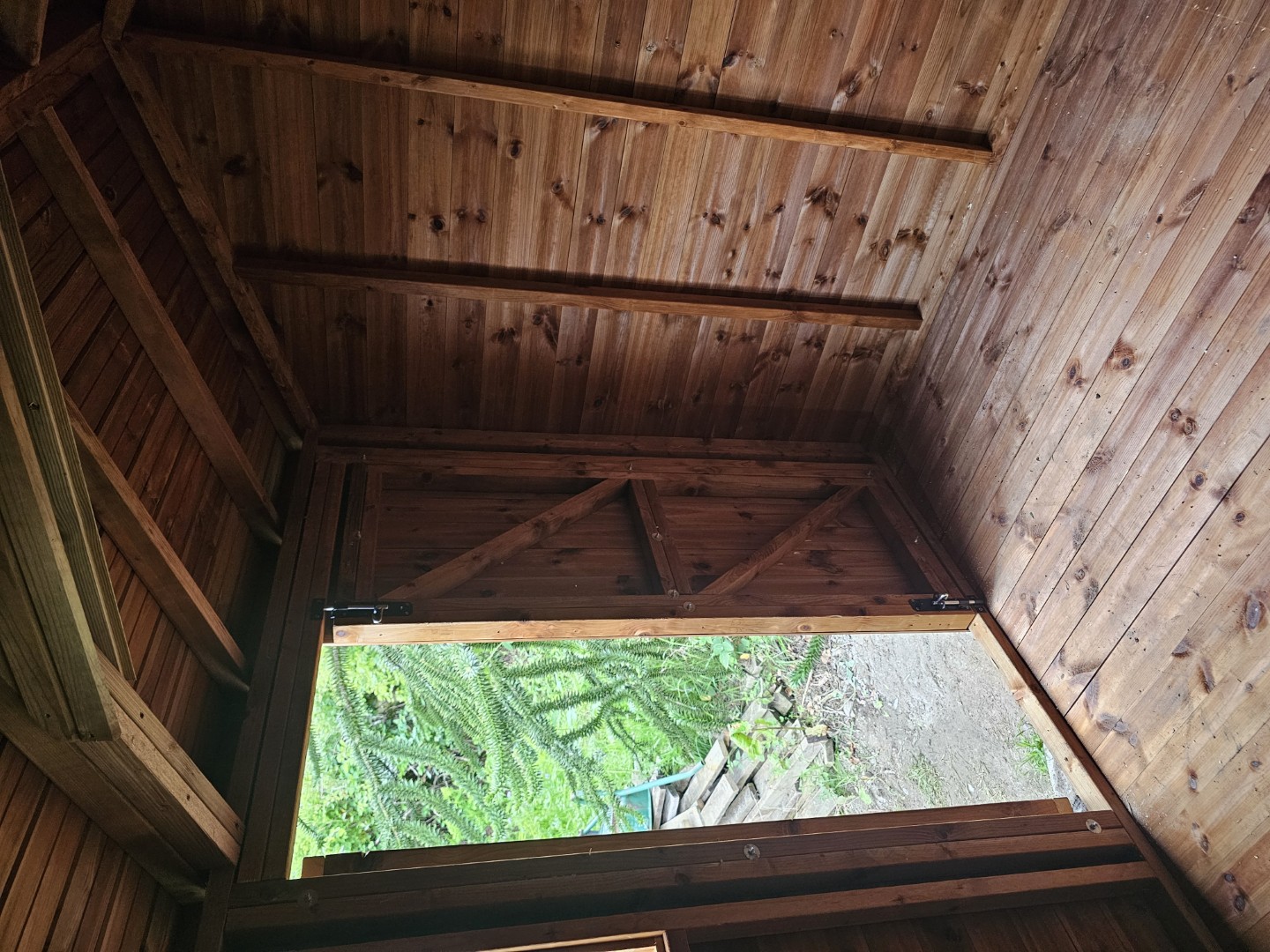 Interior of the Southampton Hipex Beast shed showing the two windows and timber framework