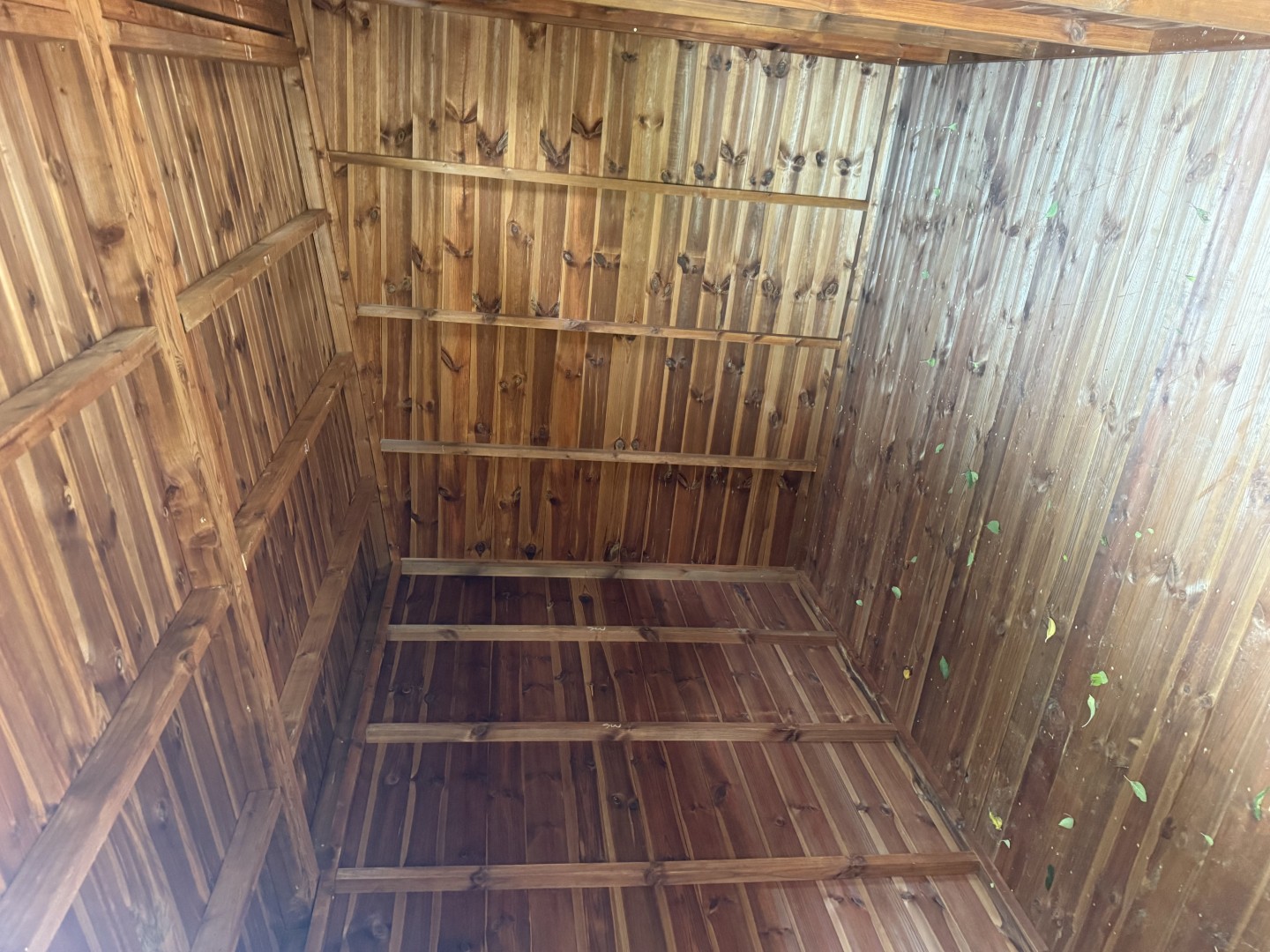 Wide shed door positioned towards the taller wall to meet the garden path