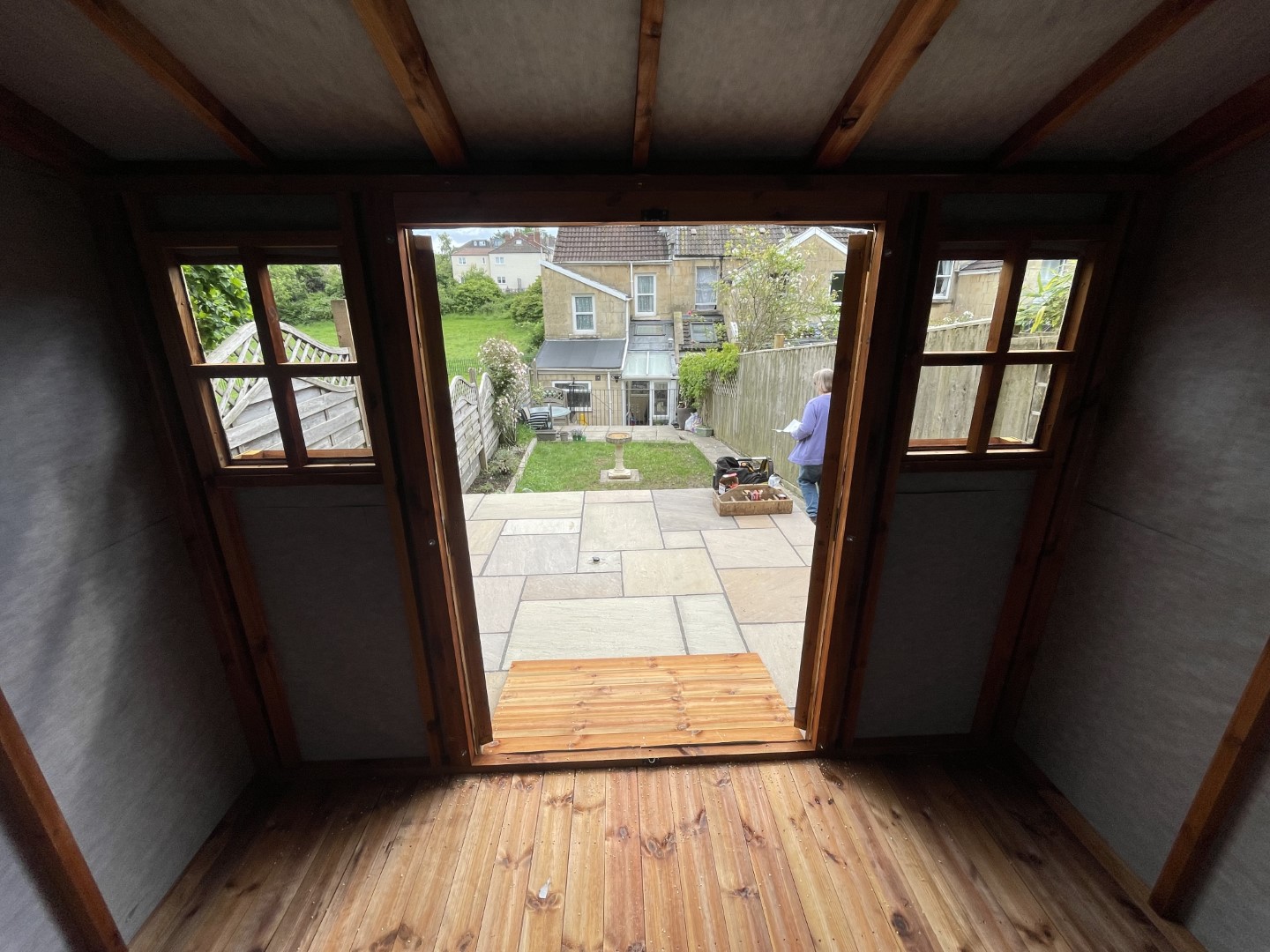 Summer-house windows with decorative reinforcing crosses