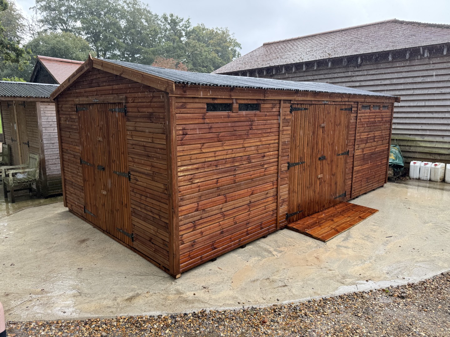 Large 20 by 11 Apex Beast shed with two sets of double doors installed in Worcester