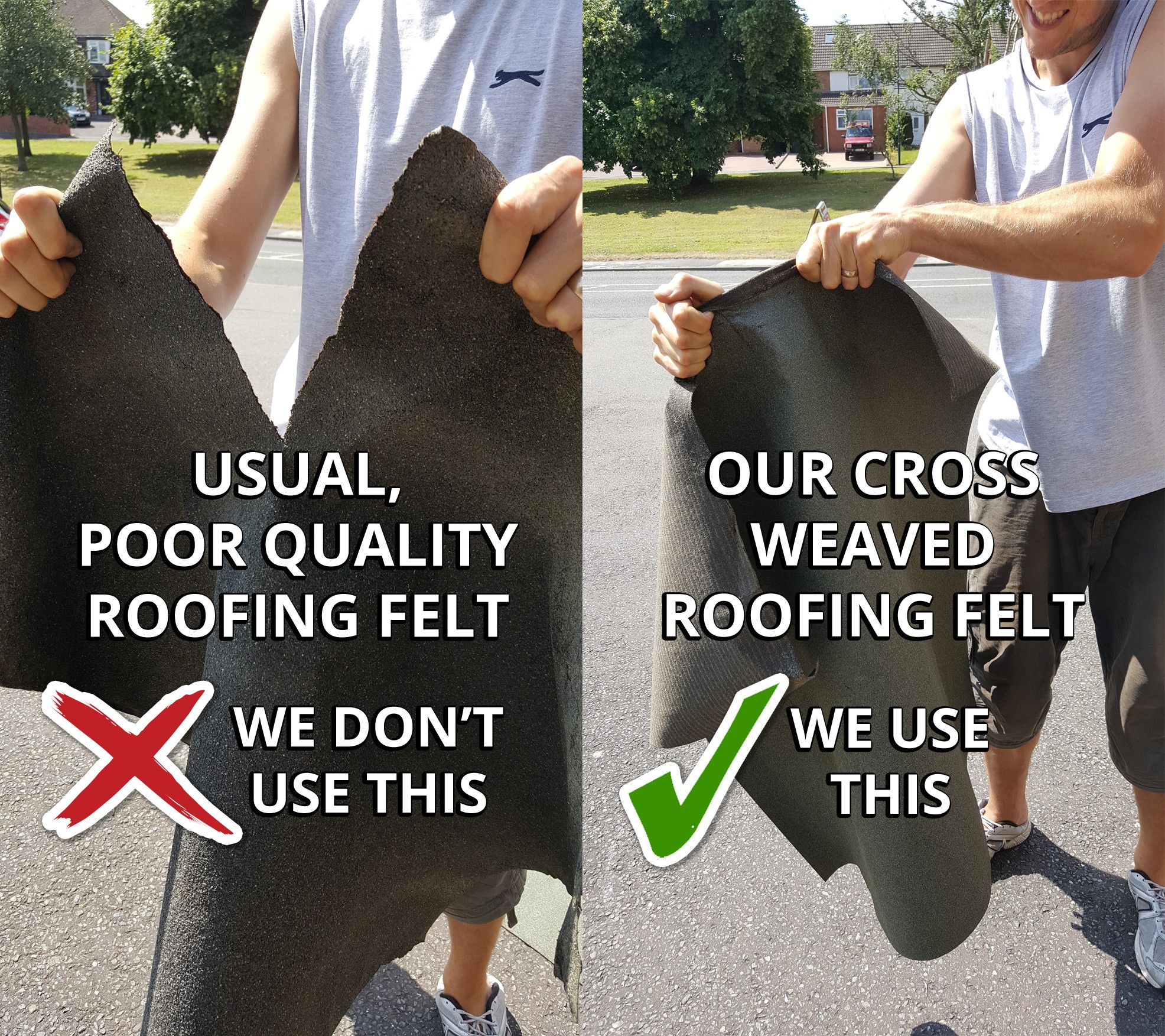 Demonstration comparing heavy-duty shed roof felt with lighter felt