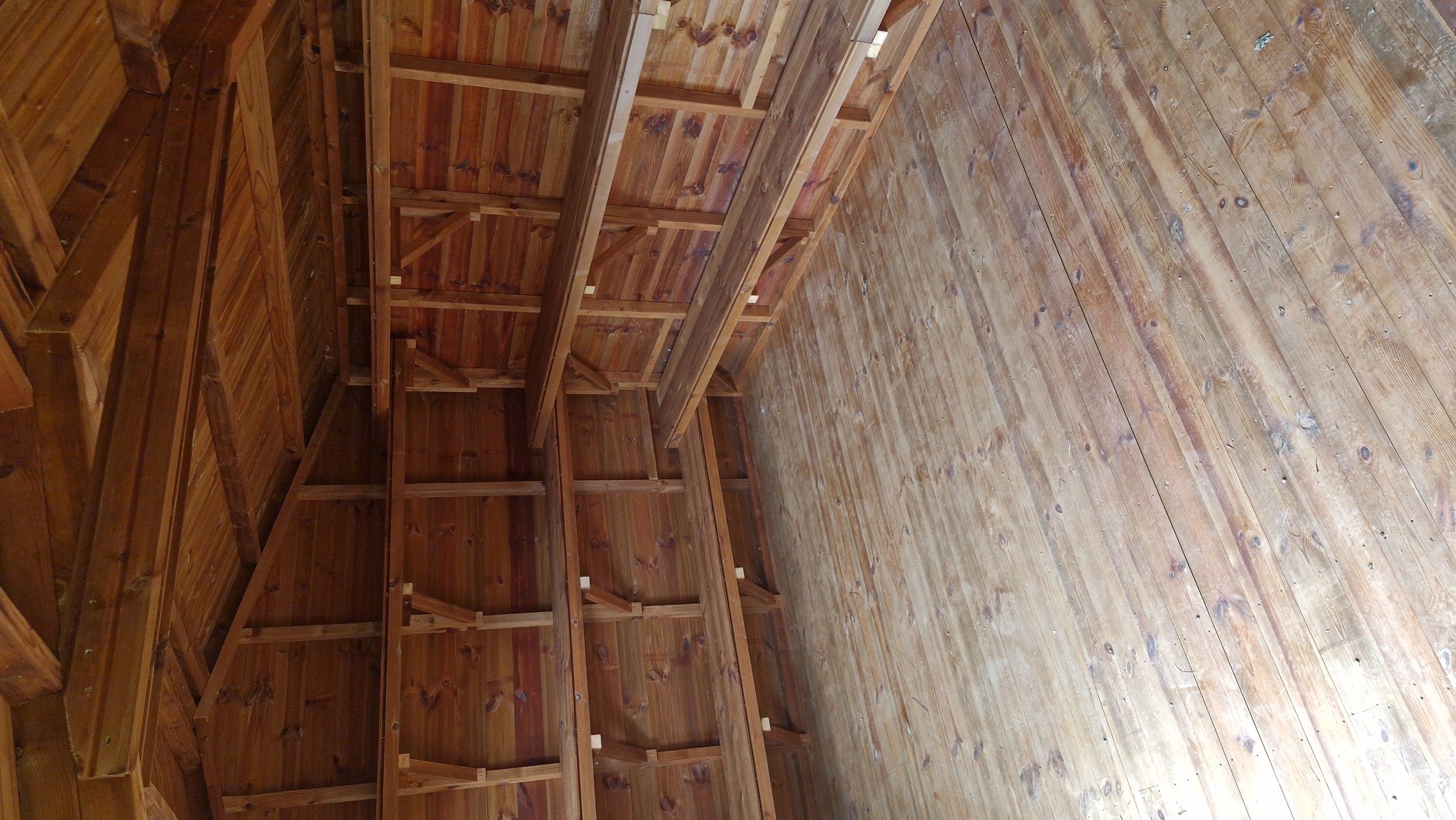 Long timber shelf inside a garden shed
